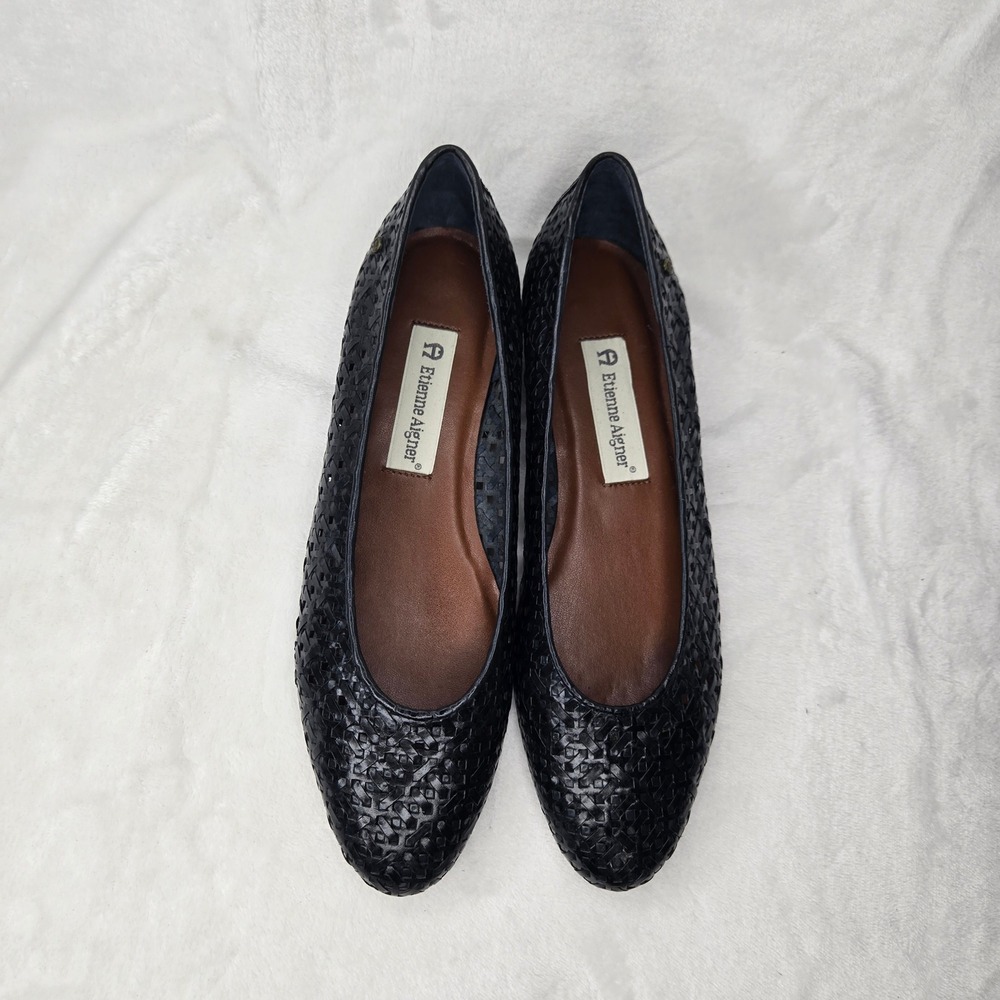 Etienne Aigner Black Woven Leather Lace Flats Almond Toe Shoes Women's 8.5M - Picture 2 of 11